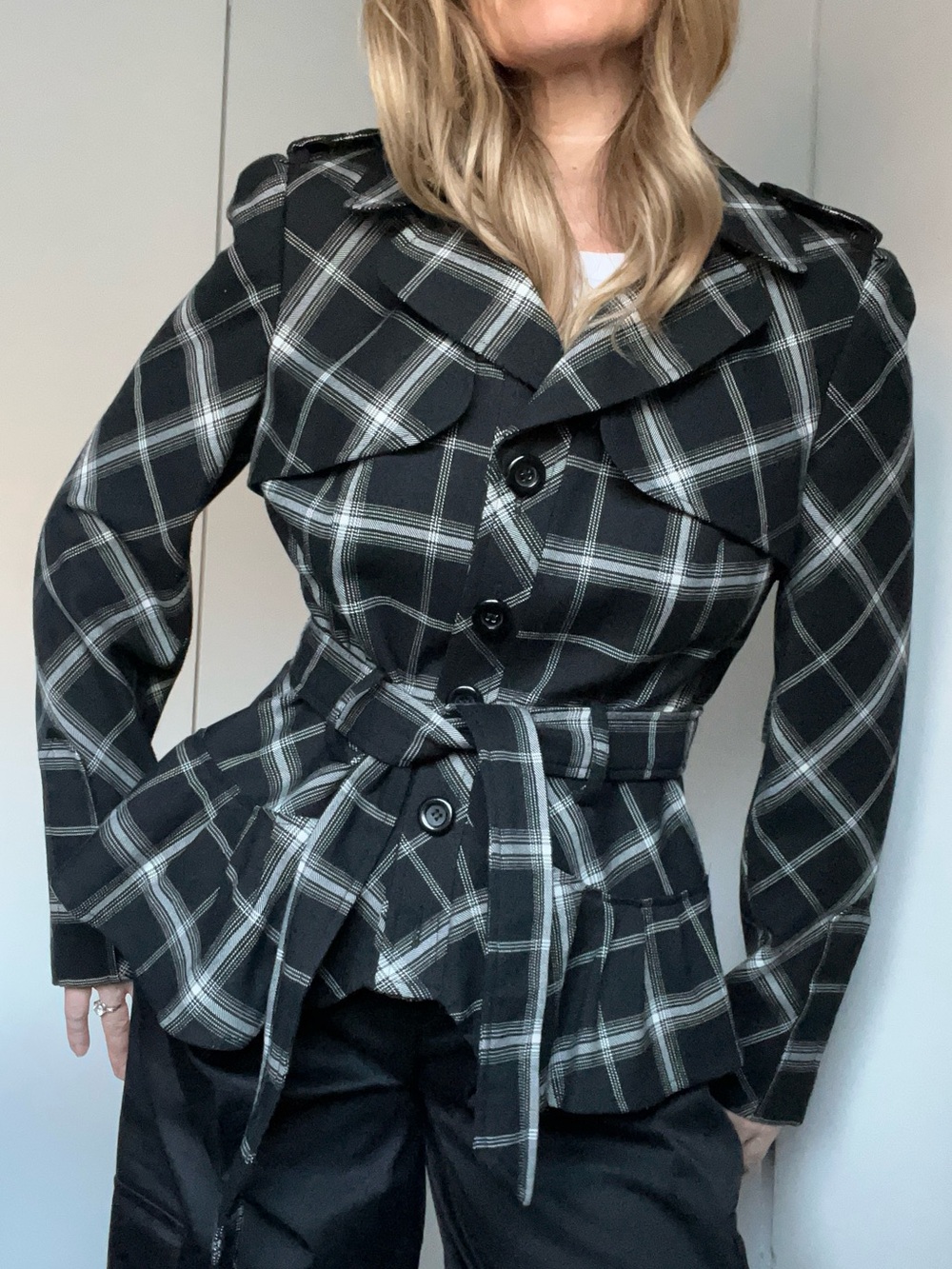 Nine West Black and White Plaid Belted Peplum Jacket Y2K Size 8 🖤
